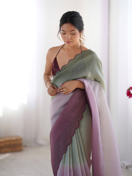 Brown & Light Green Crunchy Padding Arco Border Lace Saree With Blouse Piece