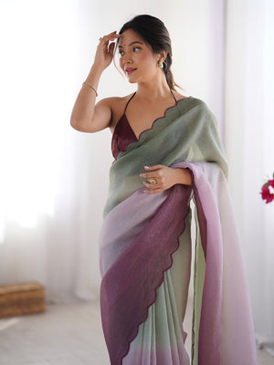 Brown & Light Green Crunchy Padding Arco Border Lace Saree With Blouse Piece