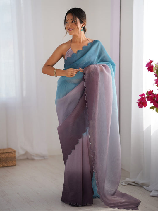 Sky Blue Crunchy Padding Arco Border Lace Saree With Blouse Piece