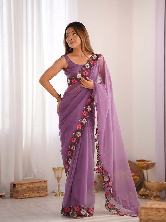 Gold Crush Saree With Multi Embroidery Work With Blouse Piece