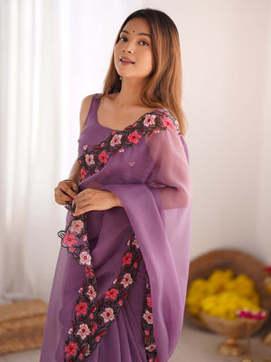 Gold Crush Saree With Multi Embroidery Work With Blouse Piece