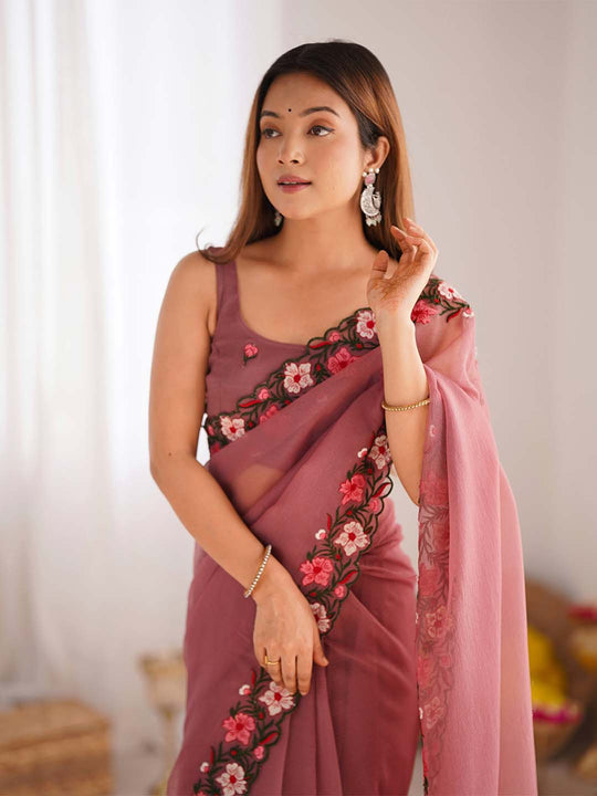 Gold Crush Saree With Multi Embroidery Work With Blouse Piece