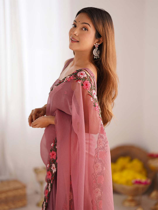 Gold Crush Saree With Multi Embroidery Work With Blouse Piece