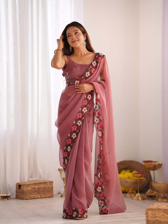 Gold Crush Saree With Multi Embroidery Work With Blouse Piece