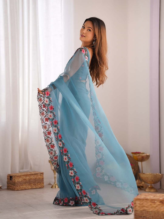 Gold Crush Saree With Multi Embroidery Work With Blouse Piece