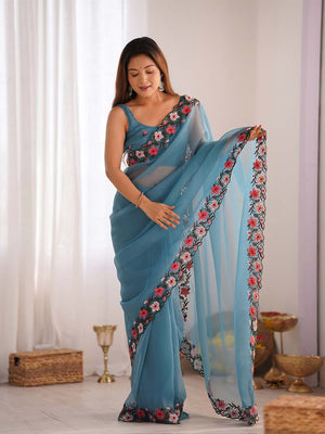 Gold Crush Saree With Multi Embroidery Work With Blouse Piece