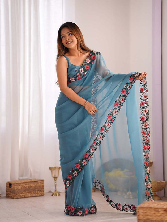 Gold Crush Saree With Multi Embroidery Work With Blouse Piece