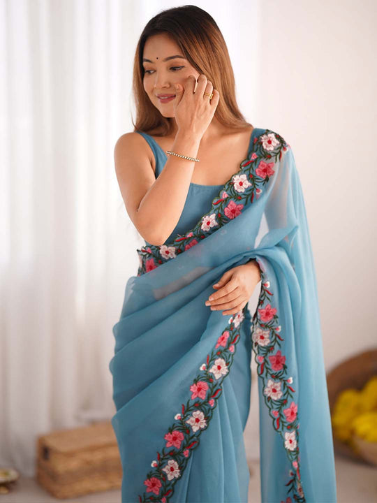 Gold Crush Saree With Multi Embroidery Work With Blouse Piece