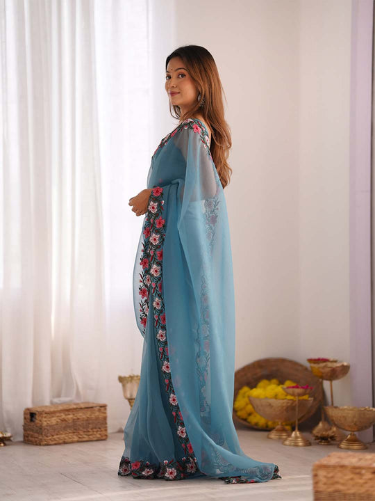 Gold Crush Saree With Multi Embroidery Work With Blouse Piece