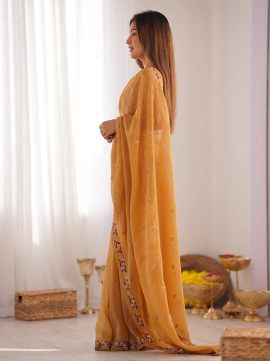 Pixel Silk Saree With Sequins Embroidery Thread Work  With Blouse Piece