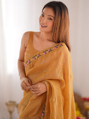 Pixel Silk Saree With Sequins Embroidery Thread Work  With Blouse Piece