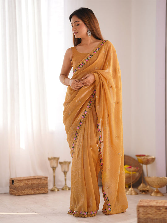Pixel Silk Saree With Sequins Embroidery Thread Work  With Blouse Piece