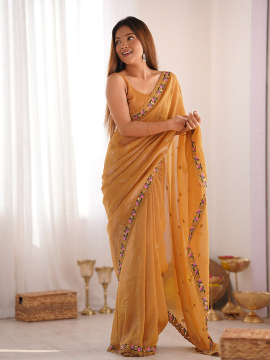 Pixel Silk Saree With Sequins Embroidery Thread Work  With Blouse Piece