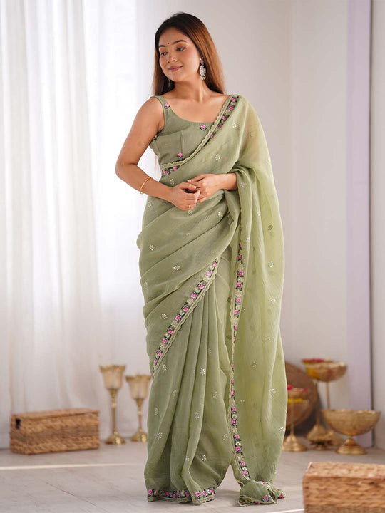 Pixel Silk Saree With Sequins Embroidery Thread Work  With Blouse Piece