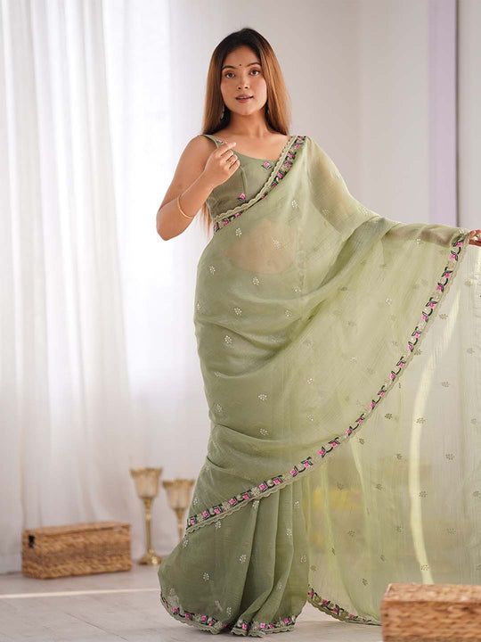 Pixel Silk Saree With Sequins Embroidery Thread Work  With Blouse Piece