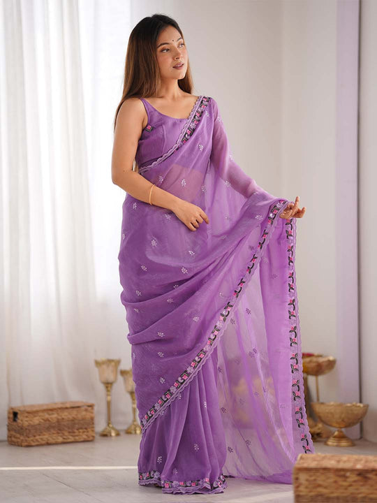 Pixel Silk Saree With Sequins Embroidery Thread Work  With Blouse Piece