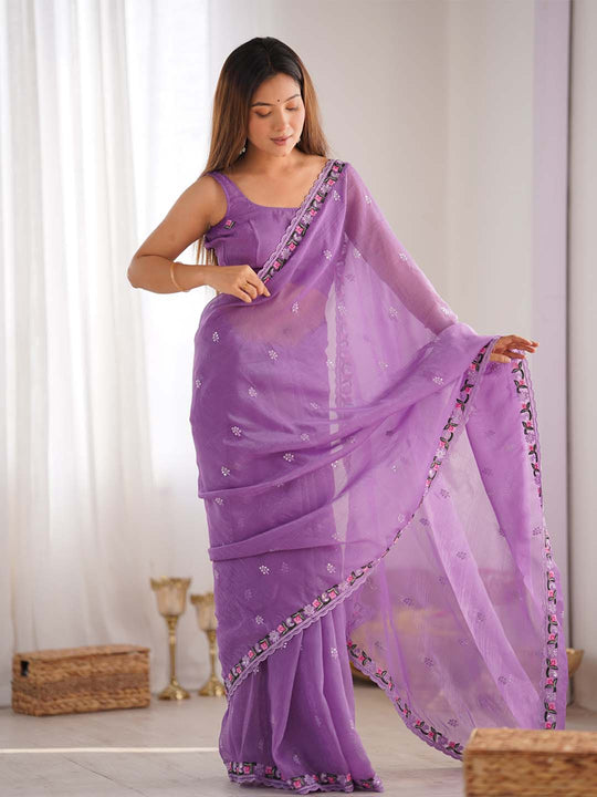 Pixel Silk Saree With Sequins Embroidery Thread Work  With Blouse Piece