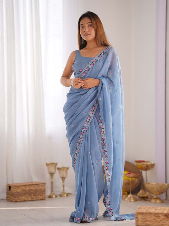 Pixel Silk Saree With Sequins Embroidery Thread Work  With Blouse Piece