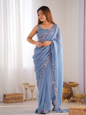 Pixel Silk Saree With Sequins Embroidery Thread Work  With Blouse Piece