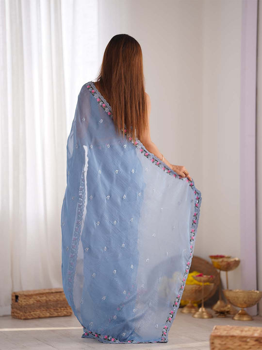 Pixel Silk Saree With Sequins Embroidery Thread Work  With Blouse Piece