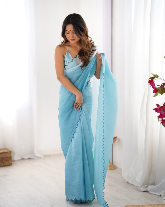 Crunchy Padding Acro Border Lace Ultra Satin Embroidered Saree