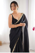 Black Fendy Satin Two Tone Sequins Hand Work Lace Border Saree With Blouse Piece