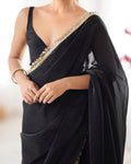 Black Fendy Satin Two Tone Sequins Hand Work Lace Border Saree With Blouse Piece