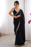 Black Fendy Satin Two Tone Sequins Hand Work Lace Border Saree With Blouse Piece
