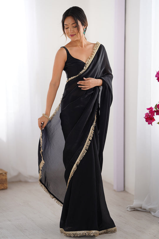 Black Fendy Satin Two Tone Sequins Hand Work Lace Border Saree With Blouse Piece