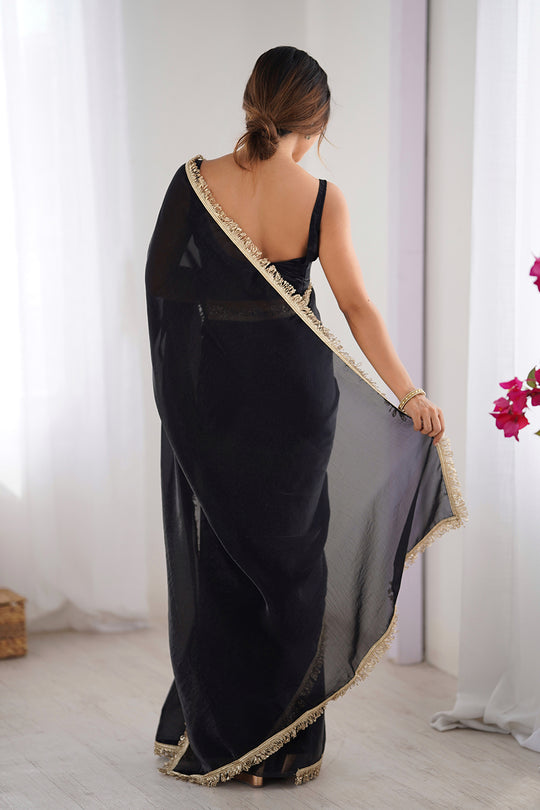 Black Fendy Satin Two Tone Sequins Hand Work Lace Border Saree With Blouse Piece