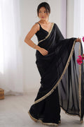 Black Fendy Satin Two Tone Sequins Hand Work Lace Border Saree With Blouse Piece