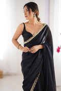 Black Fendy Satin Two Tone Sequins Hand Work Lace Border Saree With Blouse Piece