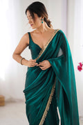 Green Fendy Satin Two Tone Sequins Hand Work Lace Border Saree With Blouse Piece