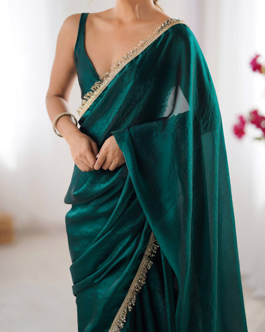 Green Fendy Satin Two Tone Sequins Hand Work Lace Border Saree With Blouse Piece