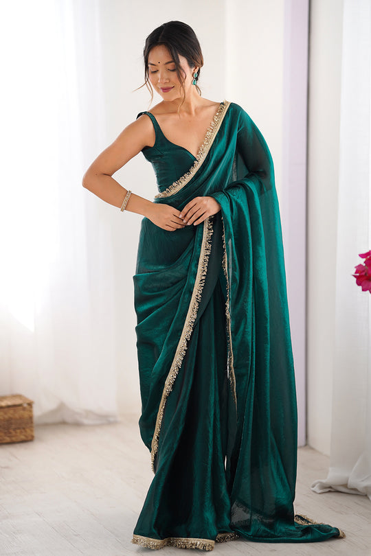 Green Fendy Satin Two Tone Sequins Hand Work Lace Border Saree With Blouse Piece