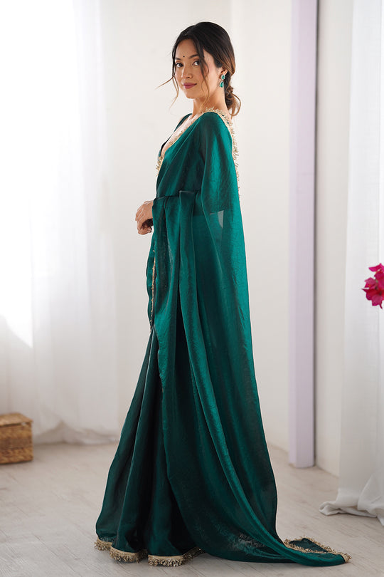 Green Fendy Satin Two Tone Sequins Hand Work Lace Border Saree With Blouse Piece