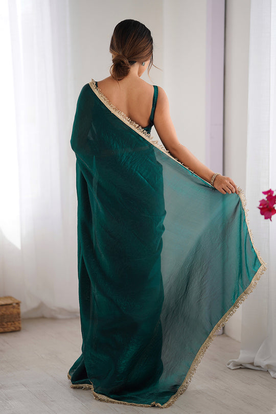 Green Fendy Satin Two Tone Sequins Hand Work Lace Border Saree With Blouse Piece