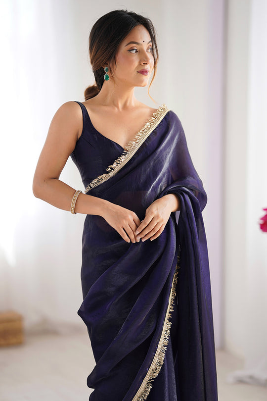 Purple Fendy Satin Two Tone Sequins Hand Work Lace Border Saree With Blouse Piece