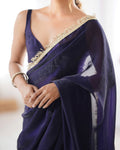 Purple Fendy Satin Two Tone Sequins Hand Work Lace Border Saree With Blouse Piece
