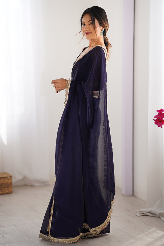 Purple Fendy Satin Two Tone Sequins Hand Work Lace Border Saree With Blouse Piece