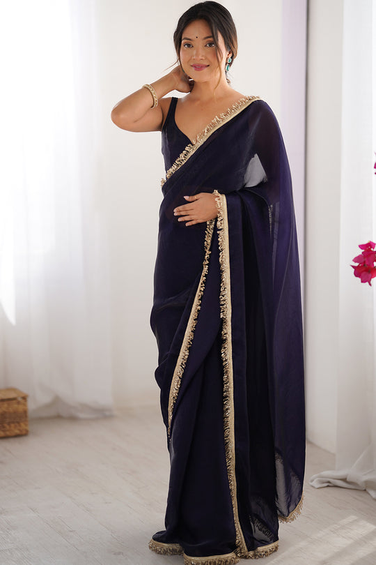 Purple Fendy Satin Two Tone Sequins Hand Work Lace Border Saree With Blouse Piece