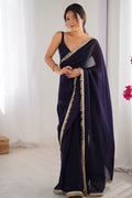 Purple Fendy Satin Two Tone Sequins Hand Work Lace Border Saree With Blouse Piece