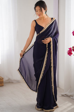 Purple Fendy Satin Two Tone Sequins Hand Work Lace Border Saree With Blouse Piece