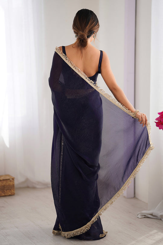 Purple Fendy Satin Two Tone Sequins Hand Work Lace Border Saree With Blouse Piece