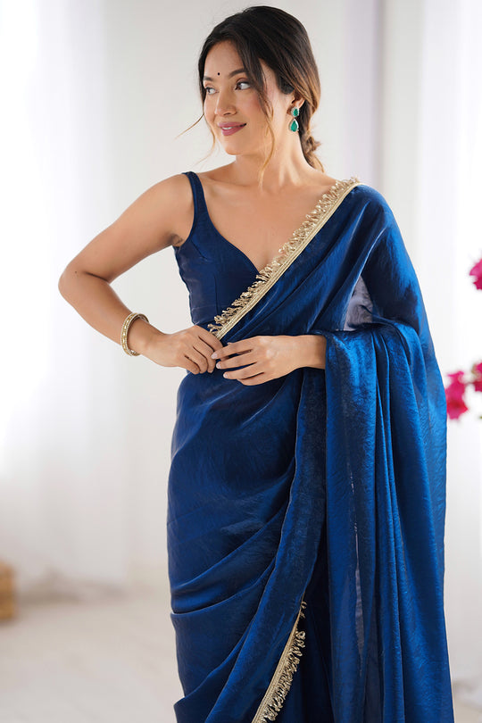Blue Fendy Satin Two Tone Sequins Hand Work Lace Border Saree With Blouse Piece