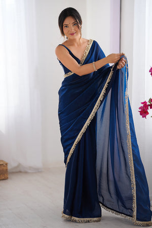 Blue Fendy Satin Two Tone Sequins Hand Work Lace Border Saree With Blouse Piece
