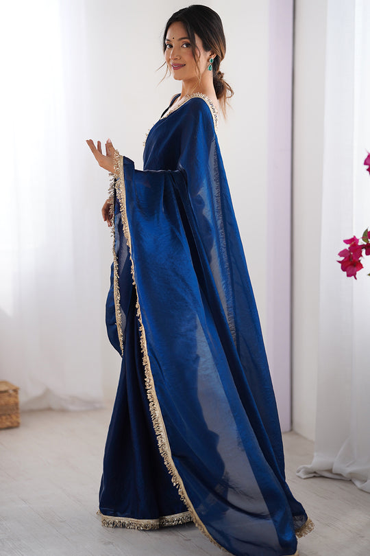 Blue Fendy Satin Two Tone Sequins Hand Work Lace Border Saree With Blouse Piece