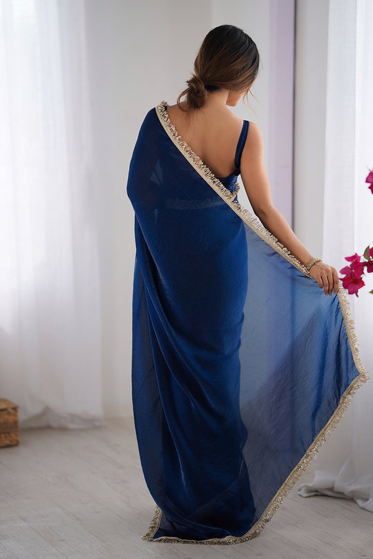 Blue Fendy Satin Two Tone Sequins Hand Work Lace Border Saree With Blouse Piece