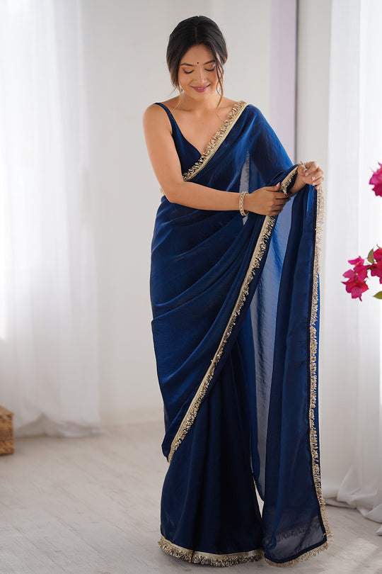 Blue Fendy Satin Two Tone Sequins Hand Work Lace Border Saree With Blouse Piece