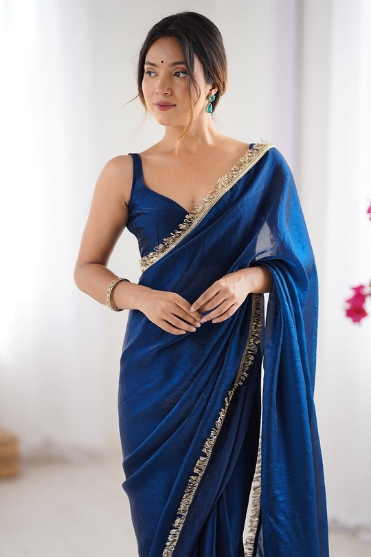 Blue Fendy Satin Two Tone Sequins Hand Work Lace Border Saree With Blouse Piece